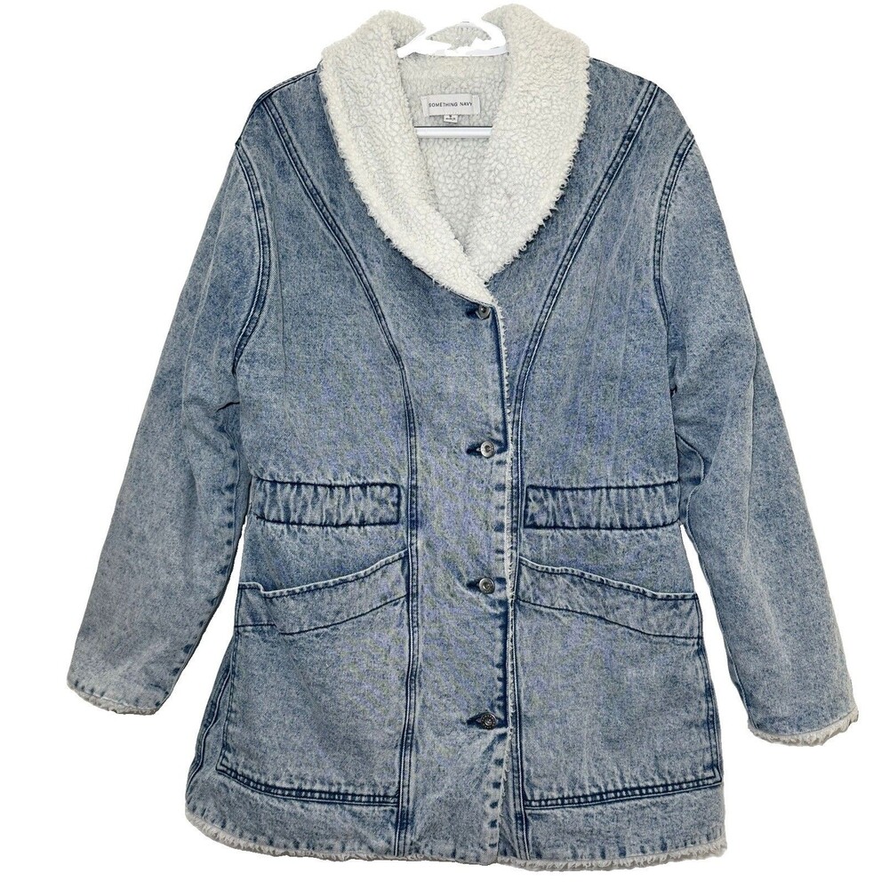 Something Navy Sherpa Lined Denim Coat Womens S Acid Wash Utility Made Portugal